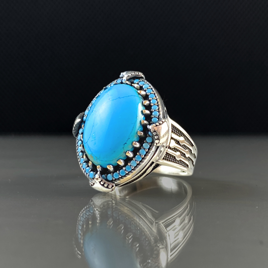 Oval Turquoise Stone 925 Sterling Silver Men Handmade Ring