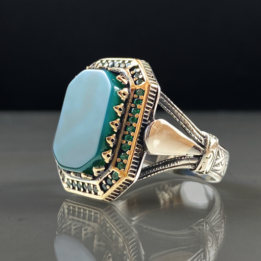 Classic Daily 925 Silver Green Agate Stone Ring