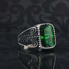 Green Emerald Stone 925 Sterling Silver Men Turkish Ring