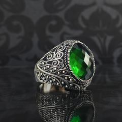 Handmade Men Green Emerald Stone Classic 925 Silver Ring