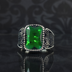 Green Emerald Stone 925 Sterling Silver Men Turkish Ring