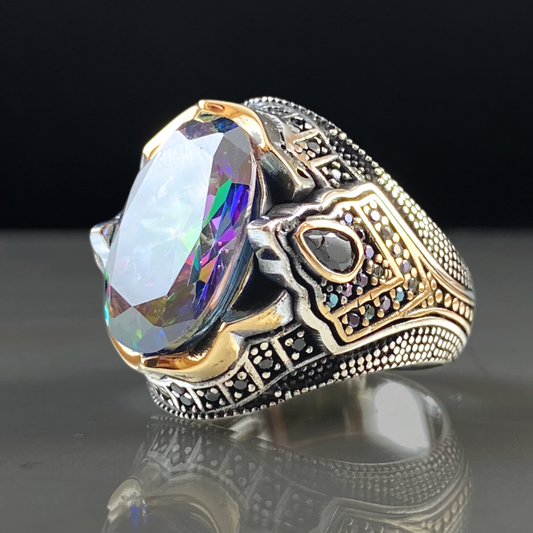 Oval Mystic Topaz Gemstone 925 Solid Silver Men Handmade Ring