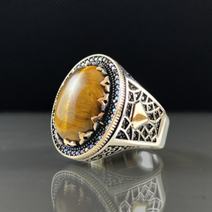 Brown Color Tiger Eye Stone 925 Sterling Silver Men Handmade Ring