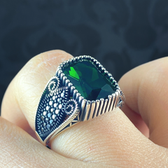 Green Emerald Stone 925 Sterling Silver Men Turkish Ring