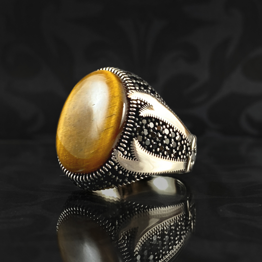 Sword Zulfigar 925 Solid Silver Brown Tiger Eye Stone Ring