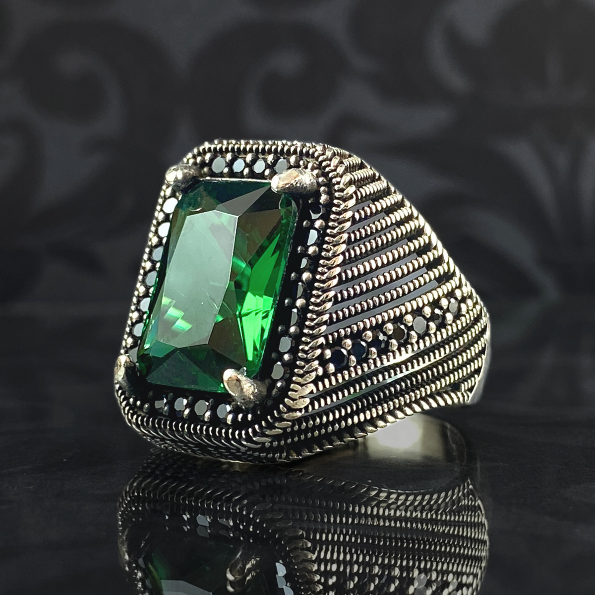 Large Emerald Stone 925 Sterling Silver Ring