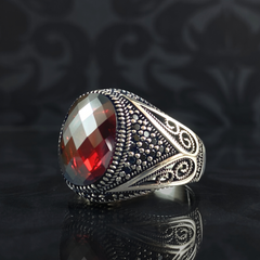 Red Ruby Stone 925 Solid Silver Turkish Classic Ring