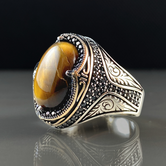 Oval Brown Tiger Eye Stone 925 Sterling Silver Men Handmade Ring