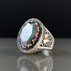 Large Stone Mystic Topaz 925 Sterling Silver Men Handmade Ring