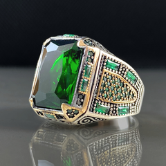 Green Color Emerald Gemstone 925 Silver Men Ring