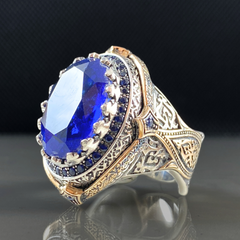 Large Sapphire Gemstone 925 Sterling Silver Men Ring