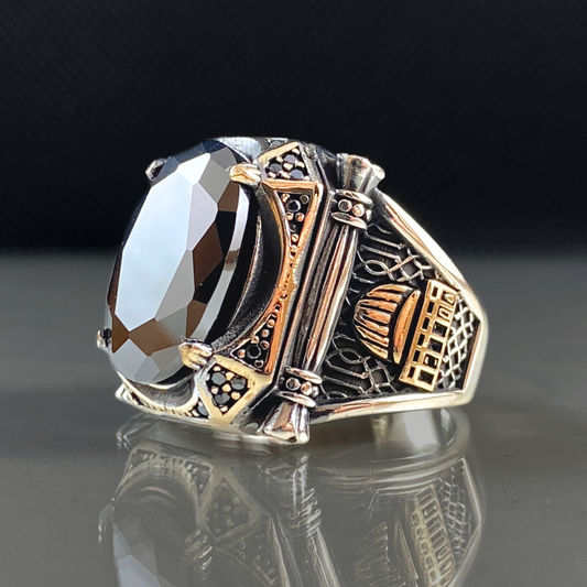 Mosque Islamic Onyx Stone 925 Solid Silver Ring