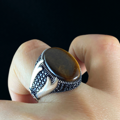 Sword Zulfigar 925 Solid Silver Brown Tiger Eye Stone Ring