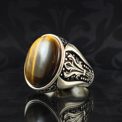 Tiger Eye Brown Stone 925 Solid Silver Men Ring