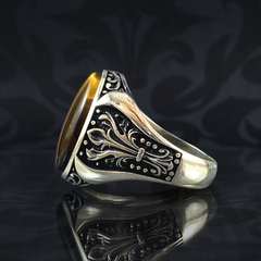 Tiger Eye Brown Stone 925 Solid Silver Men Ring