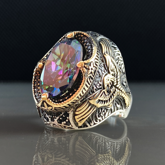 Large Mystic Topaz Gemstone 925 Sterling Silver Men Ring