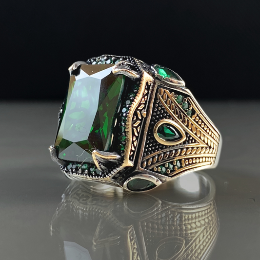 Green Emerald Stone 925 Sterling Silver Men Handmade Ring