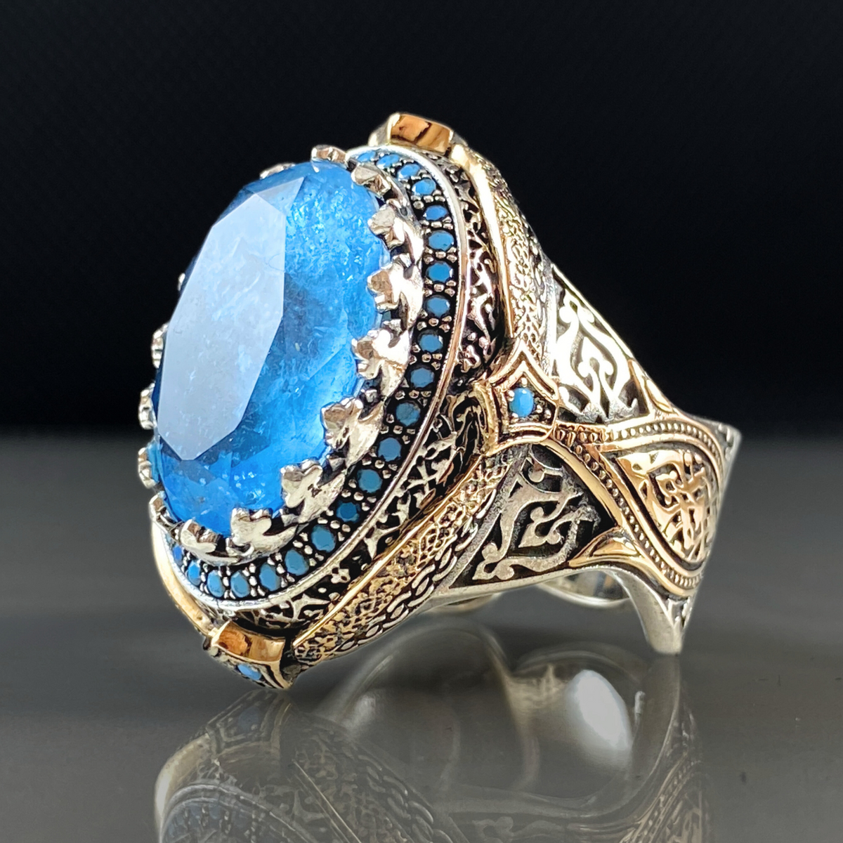 Large Blue Aquamarine Stone 925 Solid Silver Ring