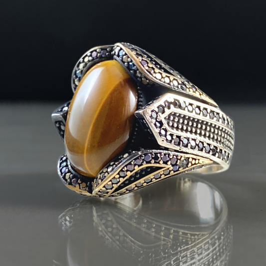 Brown Tiger Eye Gemstone 925 Sterling Silver Men Ring