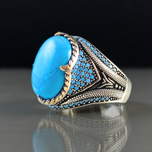 Oval Turquoise Men 925 Sterling Silver Handmade Ring