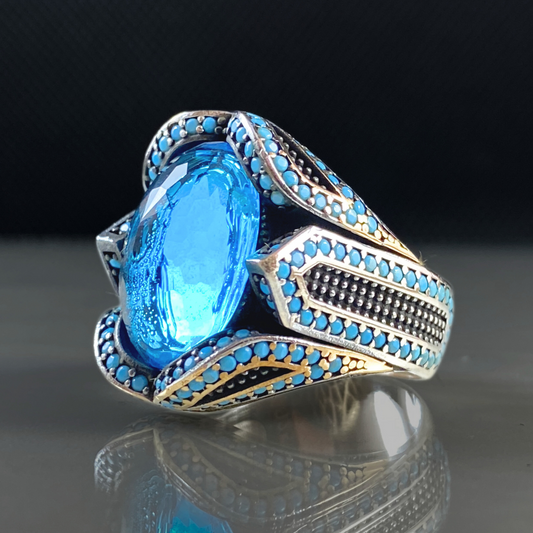 Blue Color Aquamarine Stone 925 Sterling Silver Men Handmade Ring