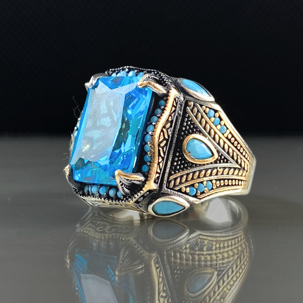 Blue Aquamarine Stone 925 Sterling Silver Men Ring