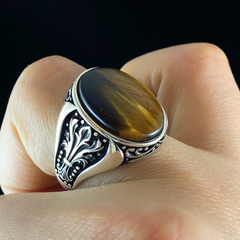 Tiger Eye Brown Stone 925 Solid Silver Men Ring