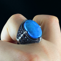 Blue Turquoise Stone 925 Sterling Silver Men Handmade Ring