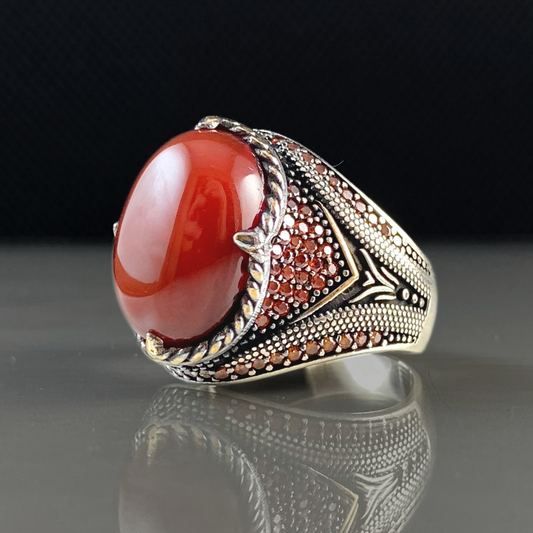 Red Agate Gemstone 925 Sterling Silver Men Ring