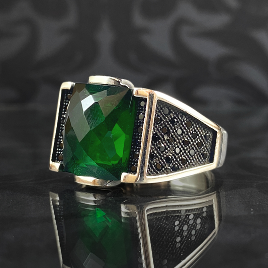 Green Emerald Stone 925 Solid Silver Men Handmade Ring