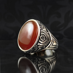 Oval Red Agate Stone 925 Sterling Silver Men Handmade Ring