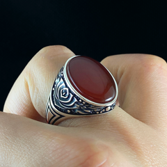 Oval Red Agate Stone 925 Sterling Silver Men Handmade Ring