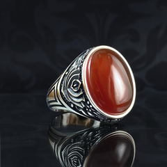 Oval Red Agate Stone 925 Sterling Silver Men Handmade Ring