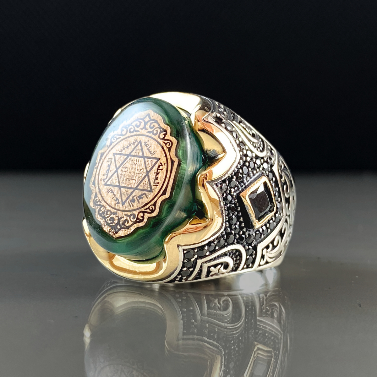 Green Islamic Seal Of Solomon 925 Solid Silver Vintage Ring