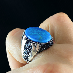 Double Sword Blue Turquoise Stone 925 Sterling Silver Men Ring