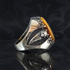 Wolf Tooth Brown 925 Silver Men Tiger Eye Stone Ring