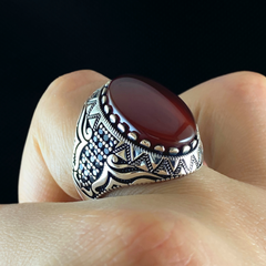 Men Handmade 925 Sterling Silver Red Agate Stone Ring