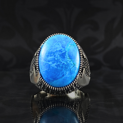 Double Sword Blue Turquoise Stone 925 Sterling Silver Men Ring