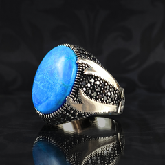 Double Sword Blue Turquoise Stone 925 Sterling Silver Men Ring