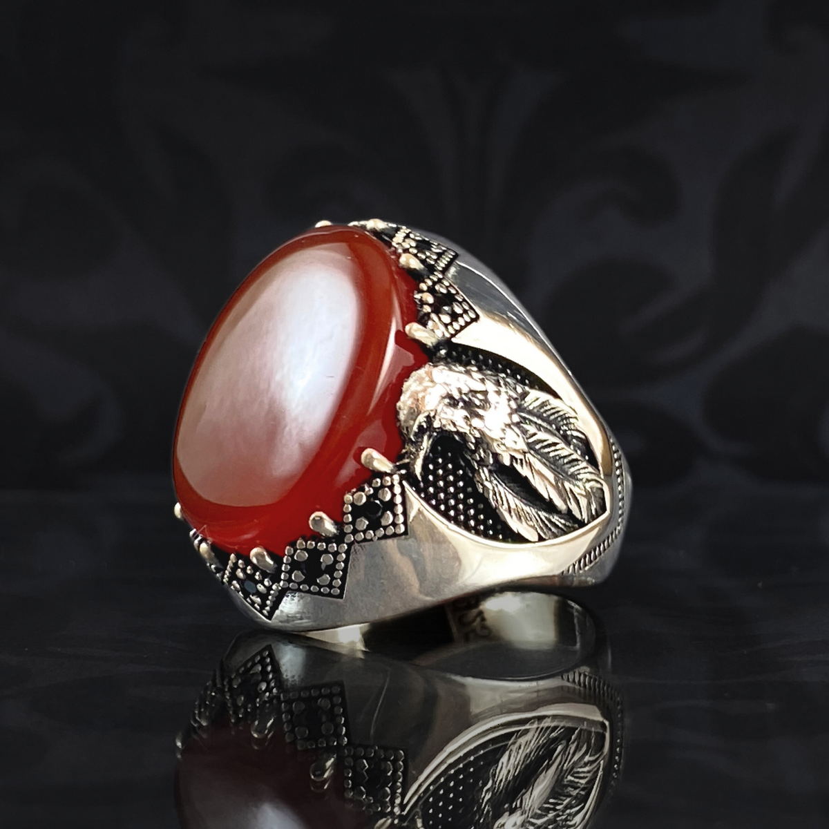 American Eagle Red Agate Stone 925 Sterling Silver Men Handmade Ring