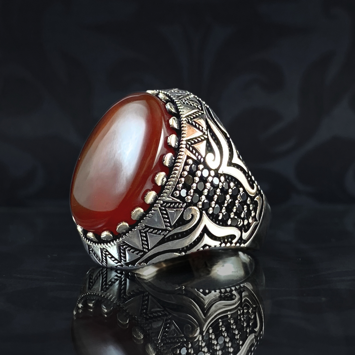 Men Handmade 925 Sterling Silver Red Agate Stone Ring