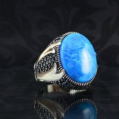 Double Sword Blue Turquoise Stone 925 Sterling Silver Men Ring