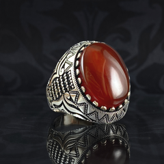 Men Handmade 925 Sterling Silver Red Agate Stone Ring