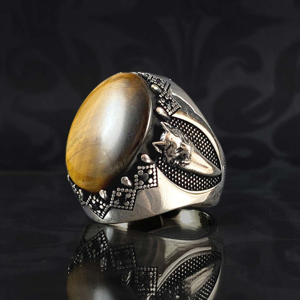 Wolf Tooth Brown 925 Silver Men Tiger Eye Stone Ring