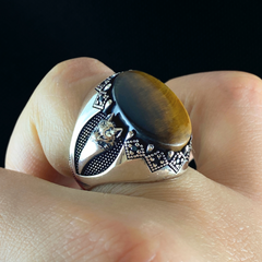 Wolf Tooth Brown 925 Silver Men Tiger Eye Stone Ring