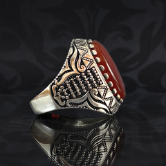 Men Handmade 925 Sterling Silver Red Agate Stone Ring