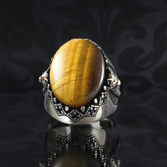 Wolf Tooth Brown 925 Silver Men Tiger Eye Stone Ring