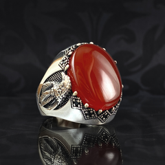 American Eagle Red Agate Stone 925 Sterling Silver Men Handmade Ring