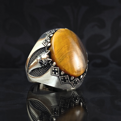 Wolf Tooth Brown 925 Silver Men Tiger Eye Stone Ring