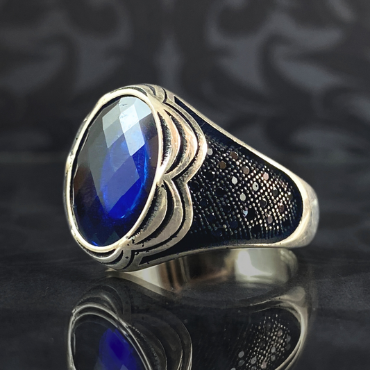 Sapphire Ring 925 Solid Silver Men Handmade